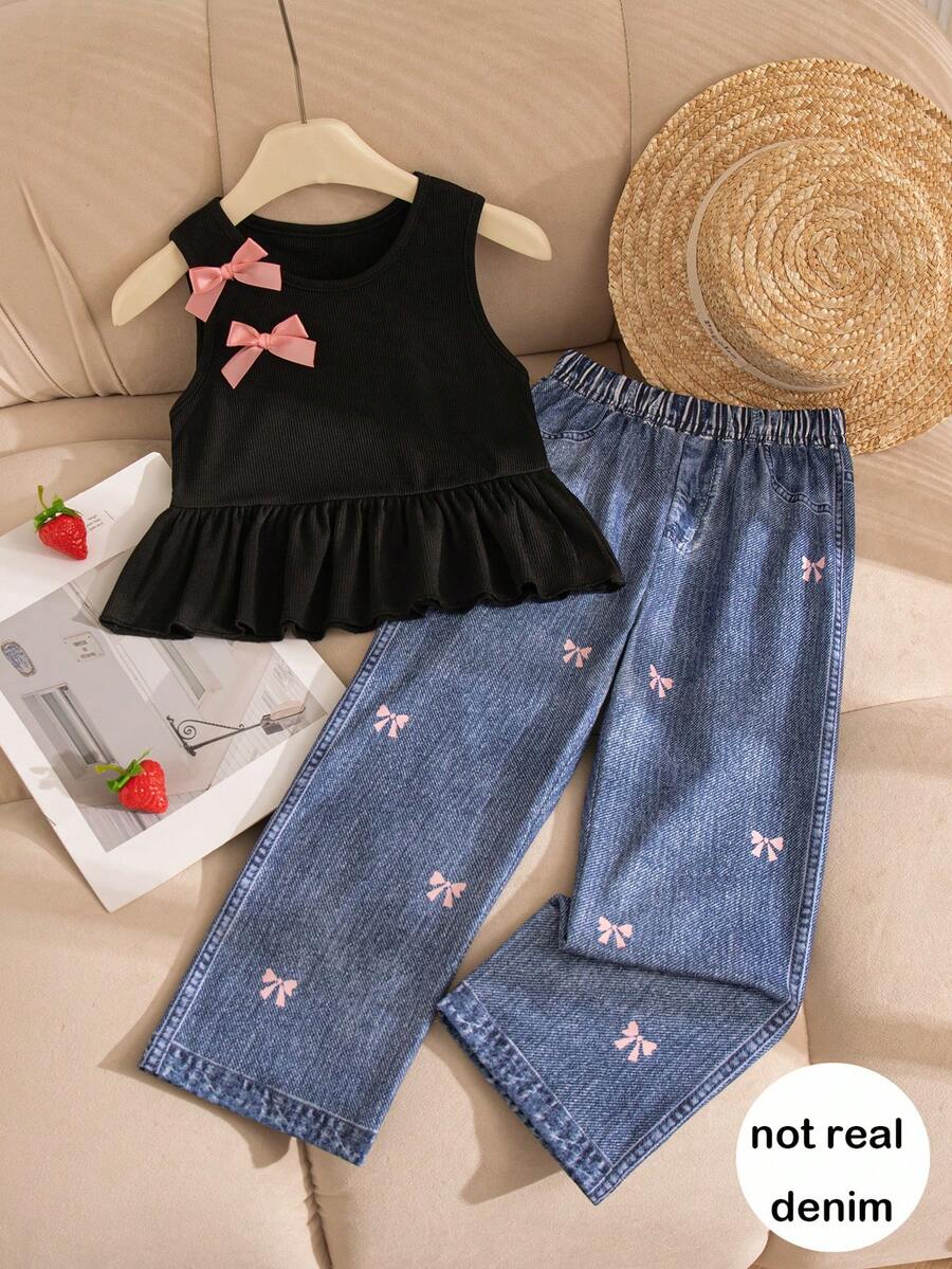 2pcs Girls Casual Outfit: Sleeveless Solid Color Top With 3D Bow Design And Elastic Waist Bow Tie Straight Leg Pants - Black - View 1