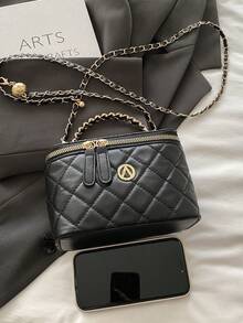 2026 New Embroidered Rhombus Pattern Niche High-Quality Makeup Box, Mini Lipstick Bag, Shoulder Crossbody Bag - Black - View 10