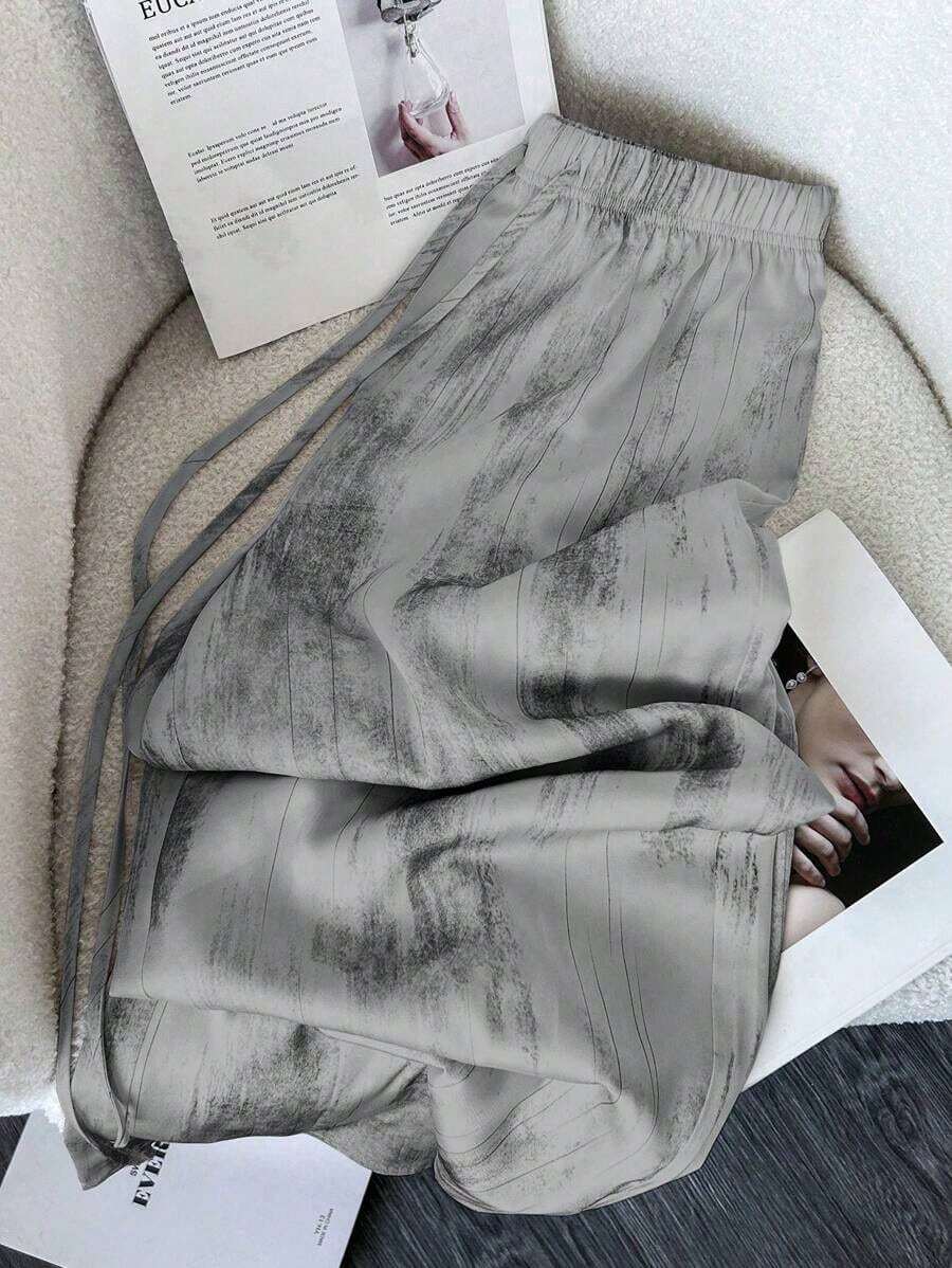 LUNE Loose Ink Paint Print Satin Loose Fit Trousers - Gray - View 1