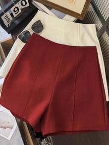 Shorts de mujer de cintura alta de color gris oscuro minimalista y de moda, con cierre de cremallera en la espalda, adecuados para el uso diario, citas y ocasiones románticas - Burdeos - Ver 3