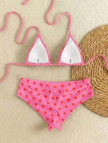 Nuevo conjunto de bikini con estampado de lunares sexy, espalda descubierta y lazo, con tirantes de espagueti para playa y piscina en vacaciones - Rosado Sandía - Ver 7