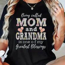 Camiseta de manga corta de punto informal con cuello redondo para mujer, con estampado de bendición para mamá y abuela, de largo regular. - Negro - Ver 2