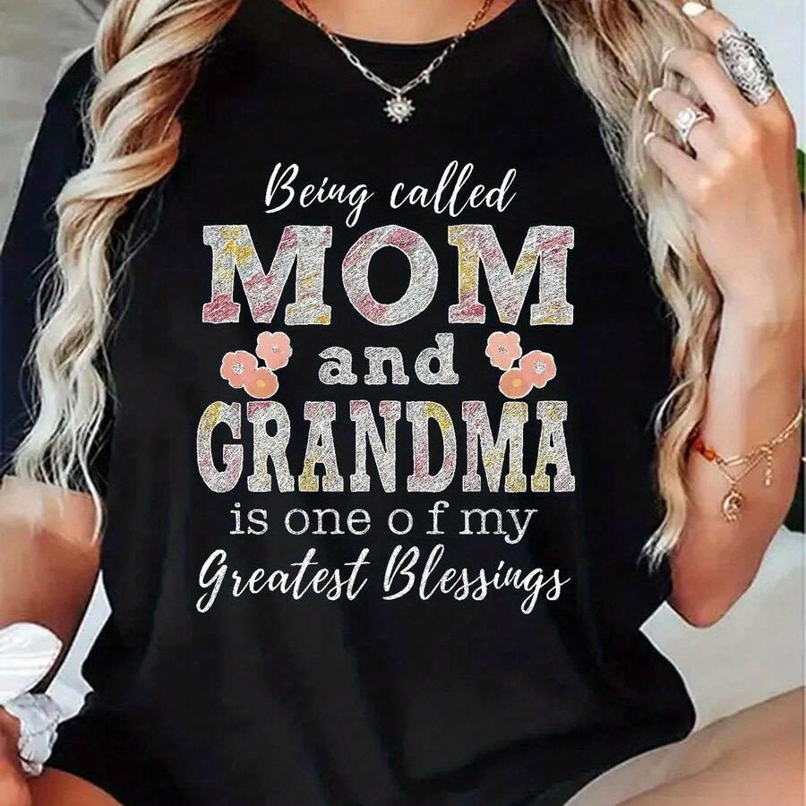 Camiseta de manga corta de punto informal con cuello redondo para mujer, con estampado de bendición para mamá y abuela, de largo regular.