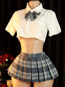 Sexy Lingerie Dress Set Charming Classic Plaid Cute Uniform Set For Women - Sexy Uniforms & Cosplay - 海藍色 - 查看 1