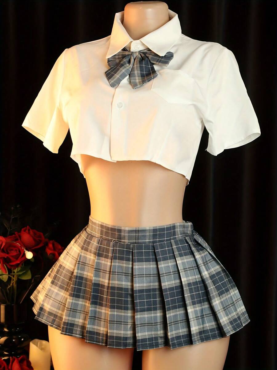 Sexy Lingerie Dress Set Charming Classic Plaid Cute Uniform Set For Women - Sexy Uniforms & Cosplay - 海藍色 - 查看 1