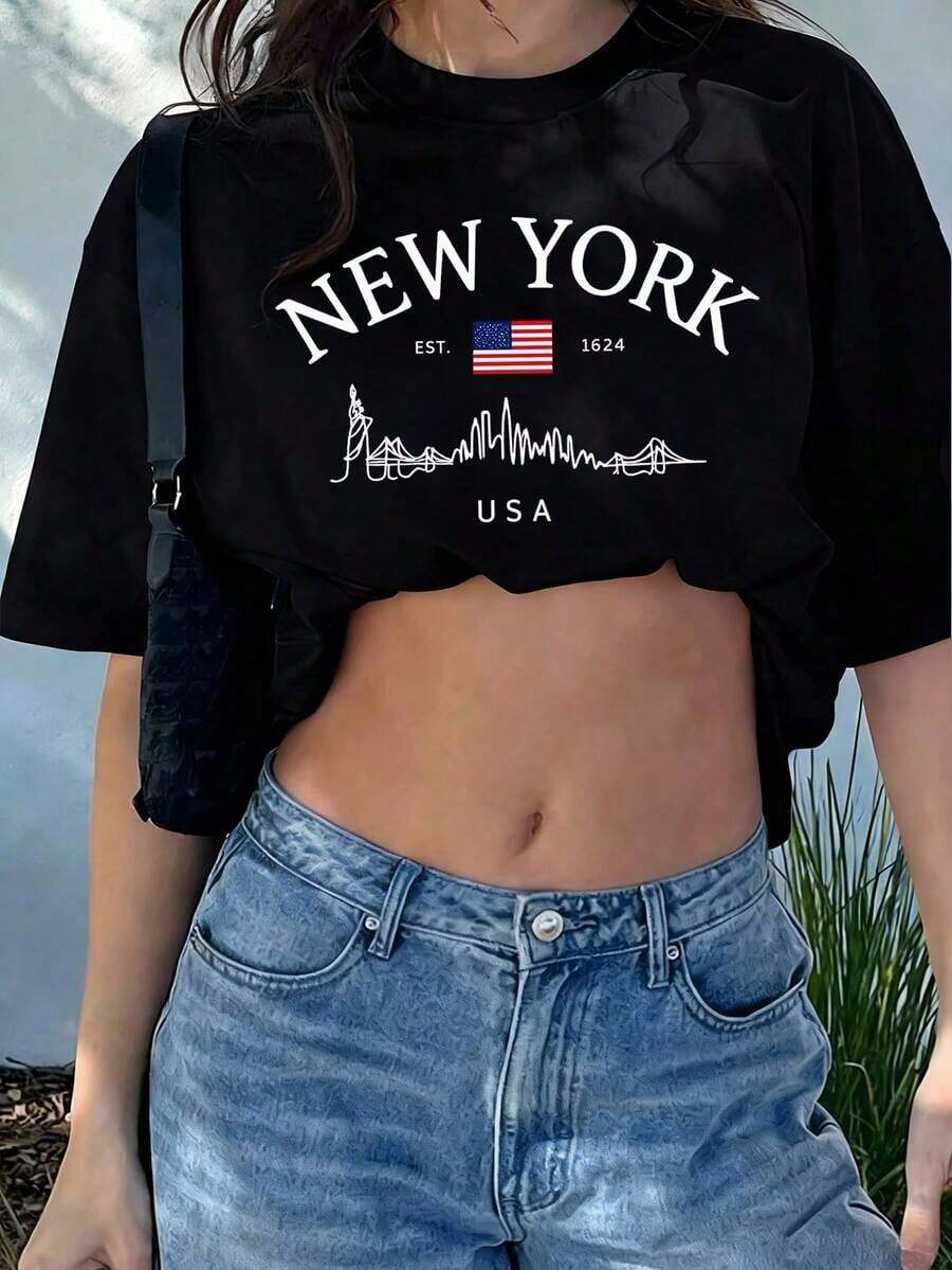 Women's Summer Short-Sleeved T-Shirt With Slogan Print, Loose Fit And Round Neck, Fashionable Holiday Wear, Suitable For Everyday Wear And Vacation, Black Color - 黑色 - 查看 1