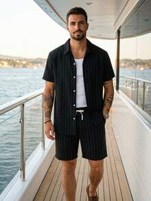 Summer American Linen Jacquard Loose Breathable Striped Men's Short Sleeve Casual Shirt - Black - View 2