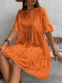 Women's Solid Color Casual Holiday Dress With Openwork Embroidery - Black - View 11