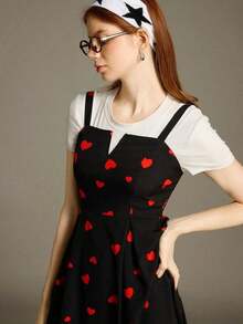 Vestido largo casual y sencillo 2025 nuevo con cuello en V, cinta en la cintura y estampado completo de corazón, con tirantes anchos, elegante y lindo para San Valentín, vacaciones y citas - Negro 2 - Ver 6