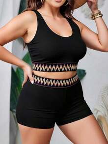 Conjunto de traje de baño de top bandeau de unicolor y shorts de cintura alta para mujer de talla grande, elegante y casual para la playa y el día a día - Negro - Ver 5