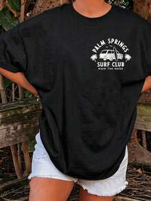 Camiseta de Playa Oversize de Verano con Estampado Gráfico de Chica Surfista con Coco de Palm Springs para Pre-Escuela, para Mujer, Unisex - Negro - Ver 4
