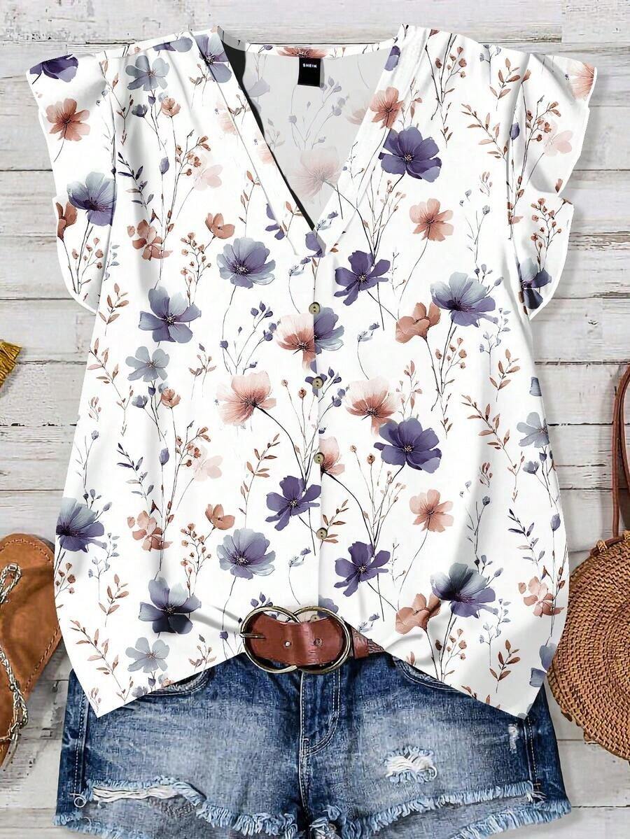 Camisa casual con estampado total para mujer, adecuada para vacaciones de verano - Multicolor 13 - Ver 1