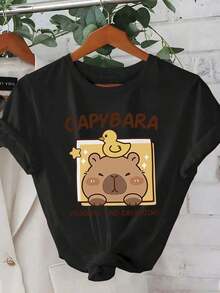 Camiseta estampada 100% algodón, ropa casual para mujer, vacaciones, manga corta, cuello redondo, primavera/verano, lavable a máquina, ropa nueva para mujer, versátil para salir, camiseta deportiva holgada de algodón, atuendo para vacaciones en la playa. - Negro - Ver 5