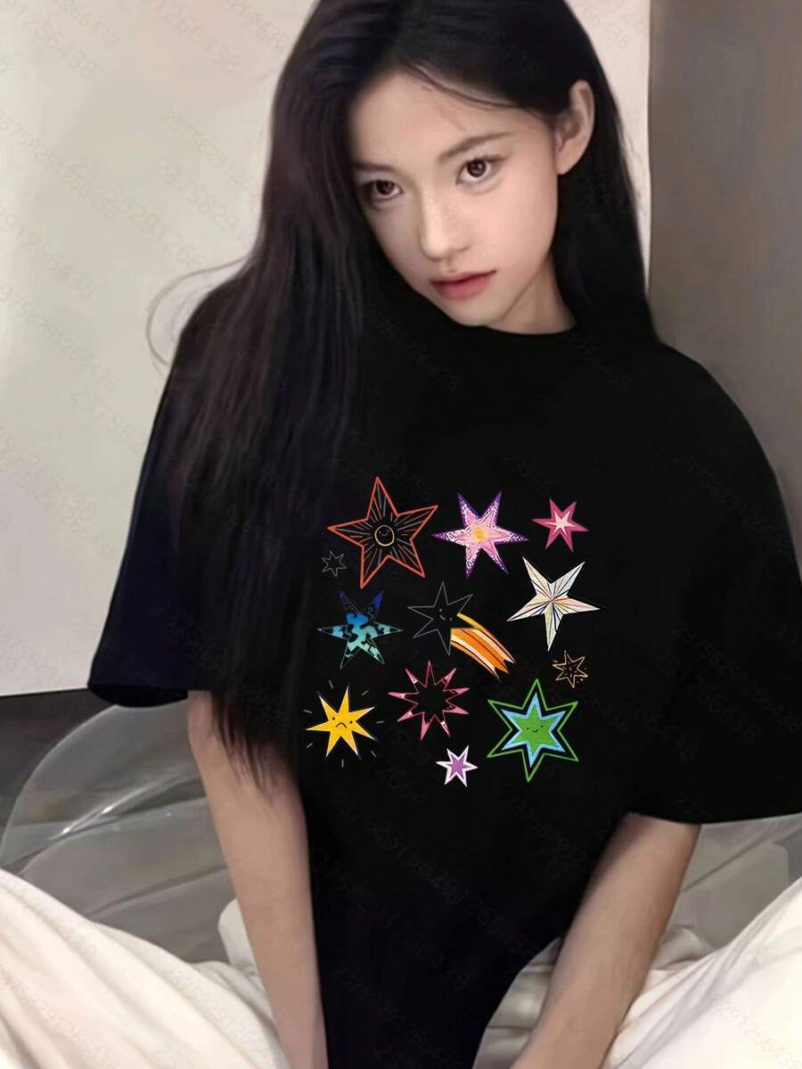 Women's T-Shirt For Spring And Summer - 黑色 - 查看 1