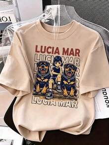 Camiseta de manga corta para mujer con estampado de niña con rottweilers y texto "LUCIA MAR", cuello redondo, tejido de poliéster, ideal para uso diario, salidas casuales y paseos urbanos, estilo casual, temporada primavera-verano, Envío nacional a México. - Albaricoque - Ver 2
