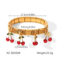 1 chiếc vòng tay nữ bằng thép không gỉ co giãn kiểu cổ điển - Mặt dây chuyền hình quả anh đào tráng men đỏ có thể điều chỉnh kích thước, đính hạt vuông vàng, dây đeo có thể mở rộng, thích hợp cho các bữa tiệc, kỷ niệm, lễ tốt nghiệp và đeo hàng ngày. - Vàng - Xem 8