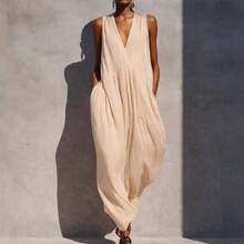 Vestido midi de verano para mujer escote en V unicolor talla grande moda vacaciones nuevo diseño - Caqui - Ver 6