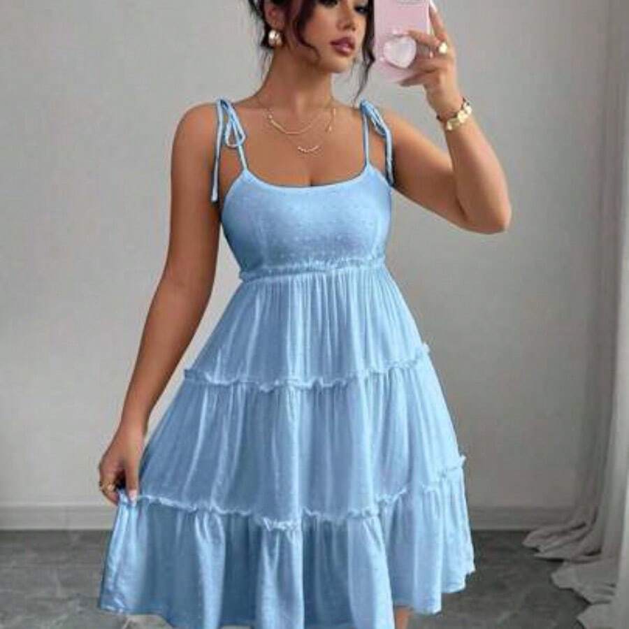 Elenzya Swiss Dot Frill Trim Cami Dress Vacation Beach Outfits Women Lilac Dress Women Purple Summer Dress - Celeste - Ver 1