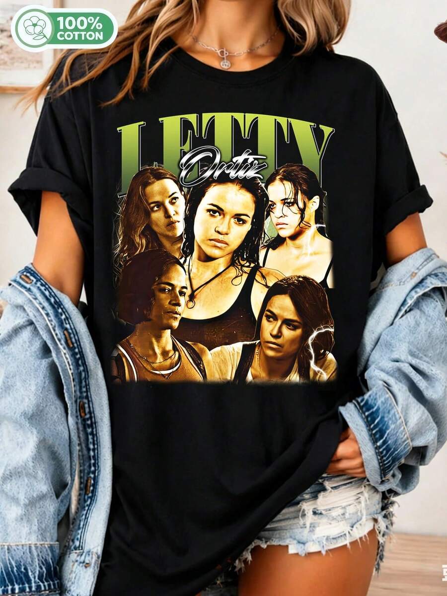 Letty Ortiz T-Shirt – Vintage Fast & Furious Crew Neck, Clothing For Michelle Rodriguez Fans_............___ - Black - View 1