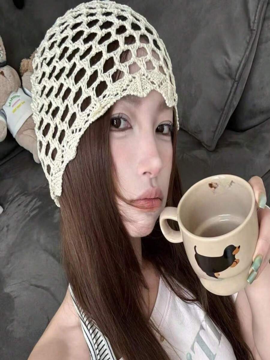 Mũ len dệt rỗng mùa hè cho nữ, kiểu dáng retro đa năng, khăn trùm đầu dệt thủ công, mũ beanie mỏng giúp thon gọn khuôn mặt, mũ rộng vành mùa xuân và mùa hè, mũ chui đầu thời trang chống nắng cho nữ. - Nhiều màu - Xem 1