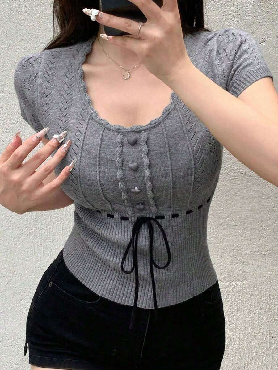 Blusa de punto con mangas cortas, empalme de corazón y cordón de ajuste para mujer - Gris - Ver 1