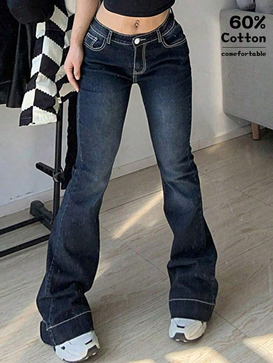 Jeans acampanados de tiro bajo casuales de mezclilla estilo streetwear Y2K para mujer, de vuelta a la escuela, otoño y primavera - Azul - Ver 1