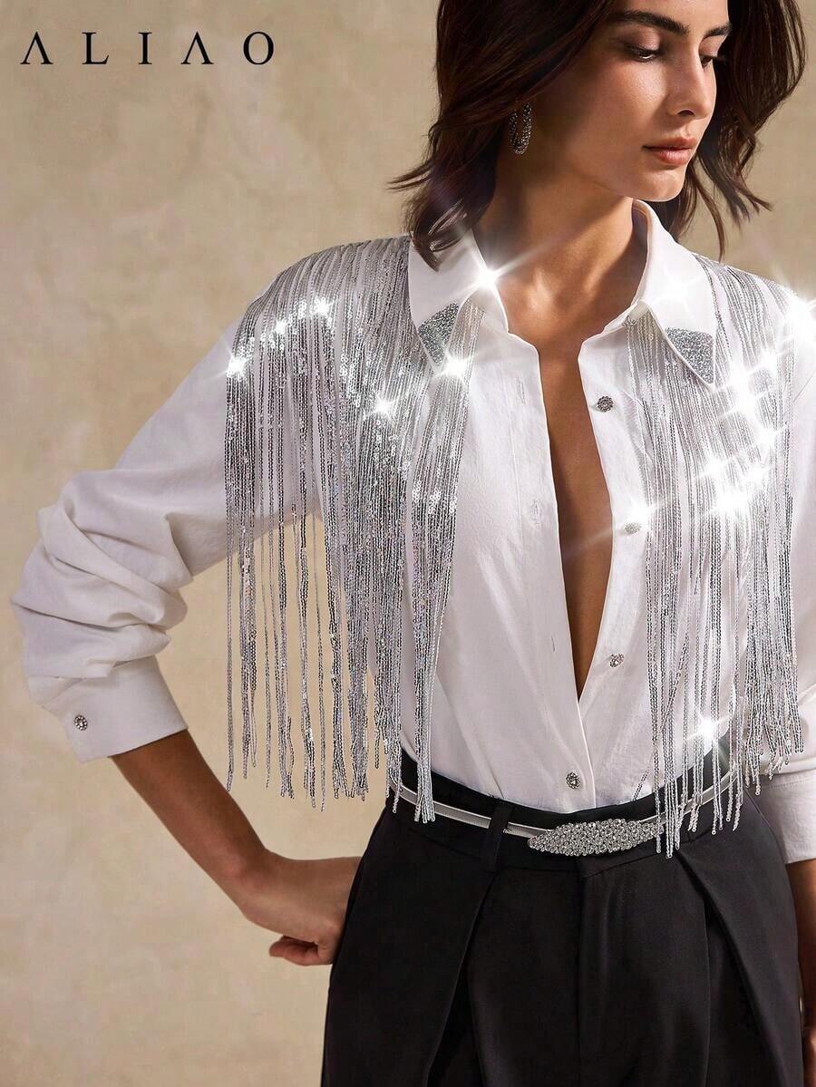 Blusa blanca de manga larga con estilo francés elegante y brillante de Aliao, digna y apropiada, adecuada para mujeres en primavera, festivales, vacaciones, conciertos y otras ocasiones, color negro - Blanco 3 - Ver 1