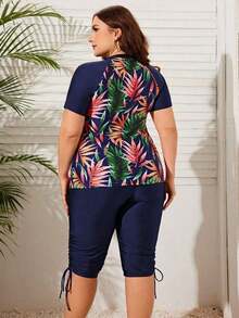 Swim Lushoire Conjunto de protector solar para mujer de talla grande con impresión de plantas tropicales en contraste para la playa de verano - Azul marino - Ver 2