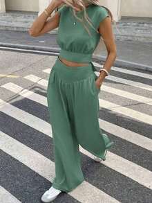 Conjunto de 2 piezas de blusa y pantalones con lazo en la espalda de unicolor para mujer, un conjunto de top holgado y pantalón de pierna ancha con lazos en la espalda, unicolor, elegante y casual, adecuado para el uso diario, primavera/verano - Verde 2 - Ver 5
