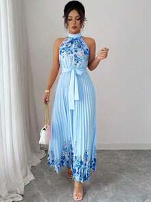 Vestido holgado de verano elegante con estampado floral y cuello halter para mujer - Azul - Ver 4