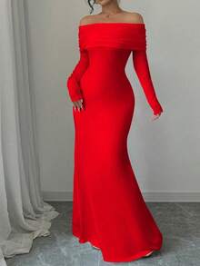 Vestido largo de punto acanalado con manga larga, cintura ceñida, hombros descubiertos, espalda descubierta, doblez de cola de pez, elegante y sexy, color blanco, para otoño/invierno, atuendo de mujer maxi - Rojo - Ver 4