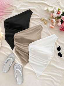 4 piezas Conjunto de blusas sin mangas de unicolor y hombros asimétricos versátiles para mujer, adecuadas para vacaciones - Multicolor 7 - Ver 6