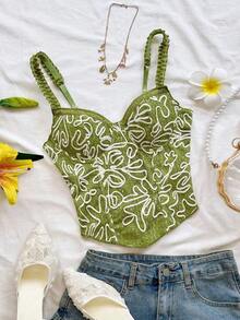 Camiseta de tirantes elegante y bohemia con estampado tropical, adecuada para la playa, el Día de San Valentín, la temporada de bodas, fiestas y festivales de música - Verde - Ver 9