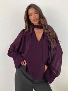 Blusa elegante de gasa con cuello en V profundo y mangas largas con lazo para mujer - Morado 2 - Ver 5