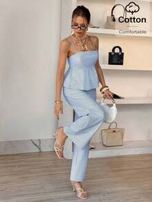 Conjunto de 2 piezas de top de tirantes y pantalones de estilo jacquard elegante para mujer, para verano - Azul y blanco - Ver 1