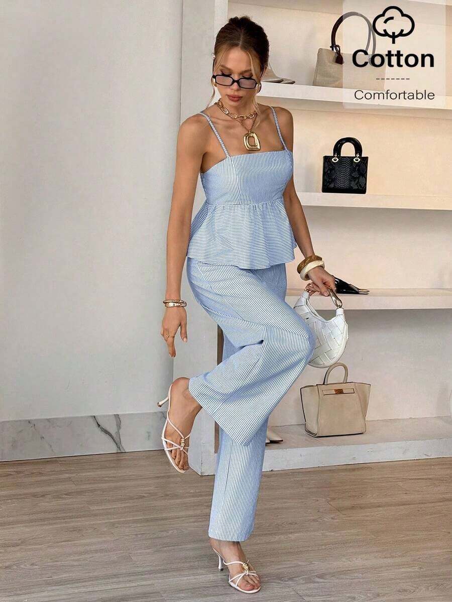 Conjunto de 2 piezas de top de tirantes y pantalones de estilo jacquard elegante para mujer, para verano - Azul y blanco - Ver 1