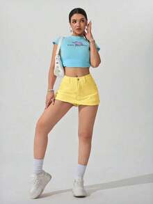 PETITE Pantalones cortos de mezclilla lisos para mujer, de moda para el verano - Amarillo claro - Ver 3