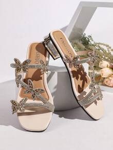 Women's Summer New Rhinestone Butterfly Open Toe Low Heel Soft Bottom Non-Slip Casual Slippers, Suitable For Daily Wear, Dating, Vacation, Versatile - Gold - View 3