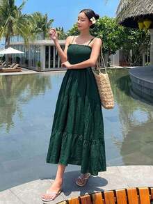 Vestido sin mangas elegante, estilo de alta gama para vacaciones, cruceros de verano, atuendos de mujer bohemios - Verde Oscuro - Ver 3