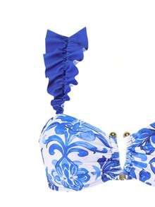 Swim Oasis Set de 3 piezas de bikini y atuendo de playa para mujer con diseño floral y acabado en metal, decoración con estampado azul y blanco de vacaciones de verano - Multicolor - Ver 3