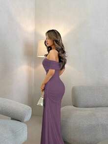 Vestido de mujer con escote ilusión descubierto de hombros y cintura fruncida, elegante para bodas y citas - Morado - Ver 4