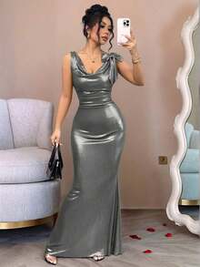 Vestido largo con espalda descubierta y decoración de lazo en color liso para mujer - Plateado - Ver 1