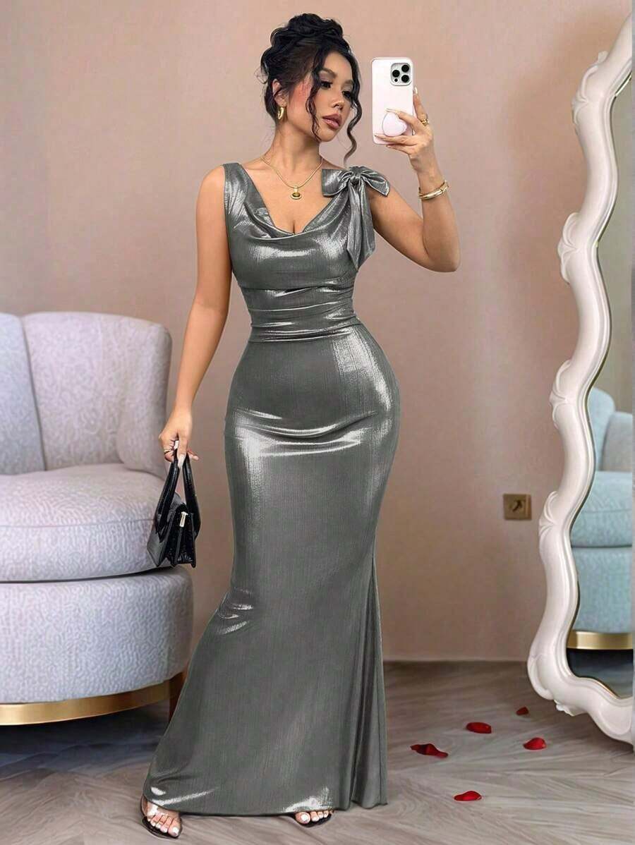 Vestido largo con espalda descubierta y decoración de lazo en color liso para mujer - Plateado - Ver 1