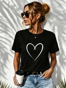 Envío local:Playera Negra para Mujer con Estampado de Corazón Blanco, Camiseta Básica Manga Corta Cuello Redondo Cómoda para Verano, Estilo Casual Chic - Negro - Ver 7