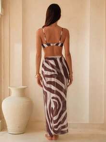 Bonvoyette Conjunto de 3 piezas para mujer de playa de verano, top de bikini con estampado floral de color café con relleno extraíble y aros, shorts + falda, conjunto de traje de baño con hebilla dorada - Multicolor - Ver 3