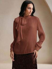 Blusa elegante y chic de cuello alto, manga larga y puños con lazo para uso diario - Café integral - Ver 6