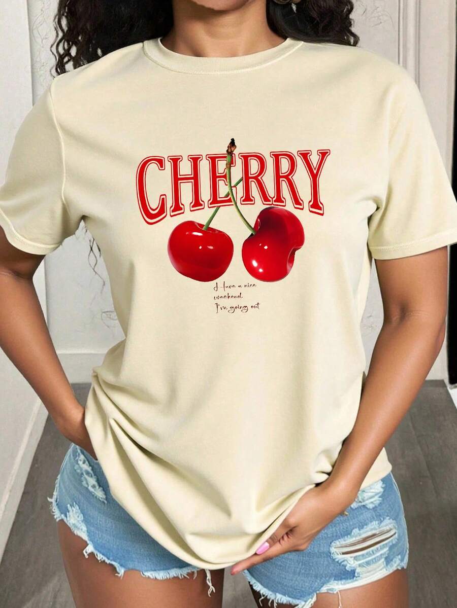Camiseta informal de mujer de manga corta con cuello redondo y estampado de cerezas, top casual de mujer, cuello redondo: ideal para el uso diario y las vacaciones. - Albaricoque - Ver 1