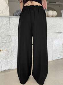 Pantalones largos casuales de mujer de unicolor con cordón en la cintura - Negro - Ver 4