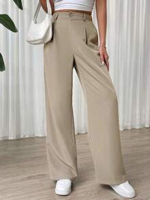 Pantalones rectos de cintura alta de color liso informal - Albaricoque - Ver 4