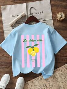 Camiseta de cuello redondo de manga corta con estampado gráfico informal para niñas preadolescentes, top de verano - Celeste - Ver 6